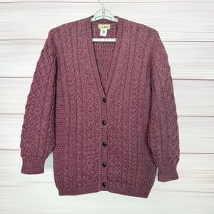 L.L. Bean Vintage Aran Cable Knit Cardigan Mauve Wool V-neck Fisherman Ireland M